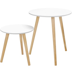 VASAGLE Masa de cafea, set de 2 bucati, picioare din lemn si blat MDF, design minimalist scandinav, 45x50cm si 35x35cm, alb - Img 1