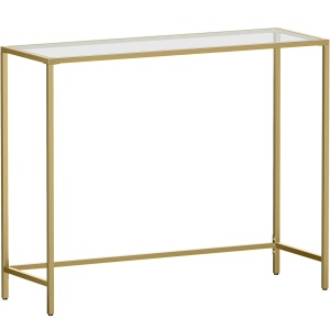 VASAGLE Masa de intrare, blat din sticla securizata, cadru metalic, 35x100x80cm, auriu - Img 1