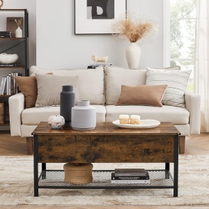 VASAGLE Masuta de cafea cu capac rabatabil, compartiment depozitare ascuns si raft plasa, industrial, 100x55x47cm, maro rustic si negru - Img 2