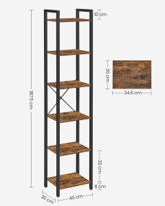 VASAGLE Raft cu 6 etaje, tip biblioteca, cadru metal si polite lemn, 30x40x187cm, industrial, maro rustic si negru - Img 3