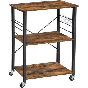 VASAGLE Raft de bucatarie pe roti, carucior de servire cu 3 rafturi, cadru metalic, 40x60x89cm design industrial, maro rustic - Img 1