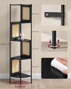 VASAGLE Raft de colt boho, cadru metalic, polite MDF si panouri poliratan, 32x32x156cm, negru - Img 3