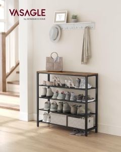 VASAGLE Raft de pantofi, cu 4 rafturi din plasa, cadru din otel, industrial, 30x100x92cm, maro rustic si negru - Img 2