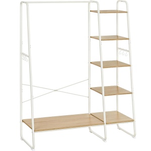 VASAGLE Raft pentru haine cu suport pentru pantofi, 5 polite, 6 carlige laterale, 45x120x160cm, alb - Img 1