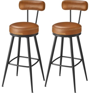 VASAGLE set 2 scaune de bar rotative 360°, cu spatar, inaltime 101 cm, piele sintetica, cadru otel, stil modern, maro - Img 1
