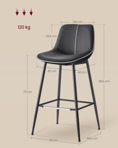 VASAGLE Set 2 scaune de bar, spatar ergonomic din piele ecologica, cadru metalic, 50x50x99 cm, negru - Img 3