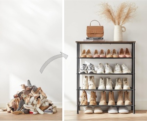 VASAGLE Suport pantofi 75x30x91 cm, 5 niveluri, rafturi textile si blat PAL, cadru metalic, maro rustic si negru - Img 4