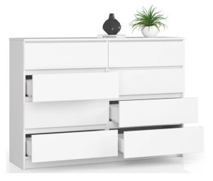 Comodă AKORD K140 albă, 138 cm, 8 sertare, albă, 138x40x99 cm