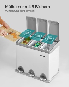 Cos gunoi colectare selectiva Songmics, 3 compartimente cu pedale, 24 L, alb‑gri - Img 5
