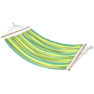 Hamac dublu cu bare din lemn, pentru 2 persoane, bumbac, 150kg, 200x150 cm, verde si galben - Img 1
