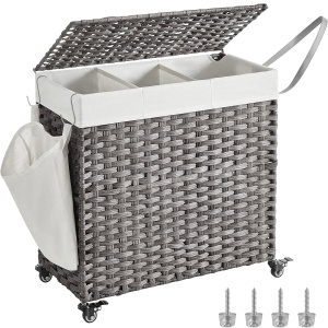 SONGMICS Cos de rufe tesut manual, cu captuseala detasabila lavabila, 3 compartimente, stil ratan, 140 litri, 66x33x60 cm, gri