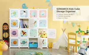 SONGMICS Dulap modular de depozitare jucarii, 16 cuburi cu usi, 123x31x123cm, alb - Img 3