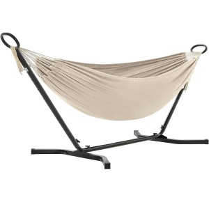 SONGMICS Hamac cu cadru metalic, reglabil la 5 inaltimi, maxim 240 kg, 300x90x95cm, bej - Img 1