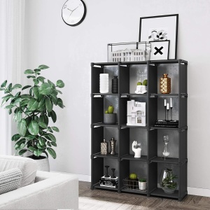 SONGMICS Raft de depozitare modular cu 12 cuburi, textil, personalizabil, 30x105x140 cm, negru - Img 2