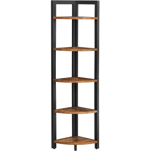 VASAGLE Biblioteca de colt cu 5 etaje, cadru metalic, 150x30x30cm, stil industrial maro rustic si negru - Img 1