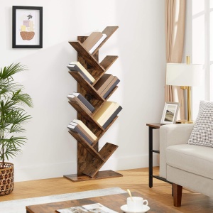 VASAGLE Biblioteca de podea cu 8 etaje, cu rafturi din lemn in forma V, 25x141x50cm, maro rustic - Img 3