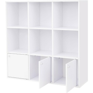VASAGLE Biblioteca din lemn, cu 9 cuburi, 3 dulapuri inferioare, 98x98x29cm, alb