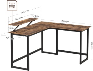 VASAGLE Birou in forma de L cu suport pentru monitor, cadru metalic, 140x130x76cm, maro rustic - Img 4