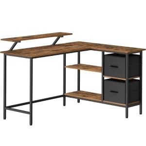 VASAGLE Birou in forma de L, suport monitor, 2 rafturi si 2 sertare, 105x135x76 cm, maro rustic - Img 1