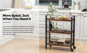 VASAGLE Carucior de servire pe roti pentru bucatarie, cu 3 polite, stil industrial, 26x66x85cm, maro rustic - Img 2