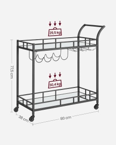 VASAGLE Carucior de servire pentru vin, suport sticle si pahare, cu 2 rafturi din sticla, 38x86x90 cm, negru - Img 3
