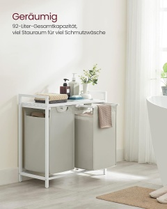 VASAGLE Cos de rufe, 2 compartimente, saci de rufe detasabili, raft, cadru metalic, 2x46L, 73x33x72 cm, alb - Img 3
