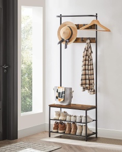 VASAGLE Cuier cu rafturi depozitare pantofi si bara suspendata, industrial, 32x64x180 cm, maro rustic si negru - Img 3