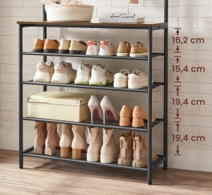 VASAGLE Cuier de hol cu depozitare pentru pantofi, 5 niveluri, 5 carlige duble, raft, 80x31x183cm, industrial, maro rustic si negru - Img 2