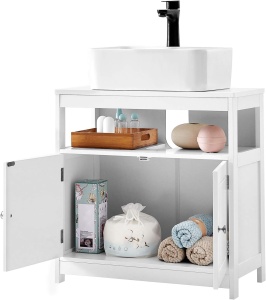 VASAGLE Dulap baie 60x30x60 cm, 2 usi, compartiment deschis, stil scandinav, alb mat - Img 2