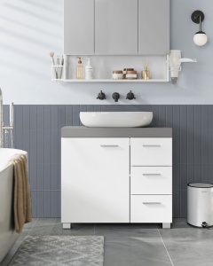VASAGLE Dulap baie lavoar, cu 3 sertare si 2 compartimente, MDF, 70x30x64 cm, alb si gri - Img 2