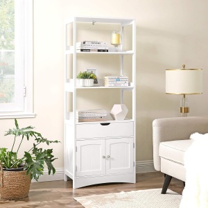 VASAGLE Dulap inalt baie cu 3 rafturi, 1 sertar si 1 dulap, din MDF, 60x33x154 cm, alb - Img 2