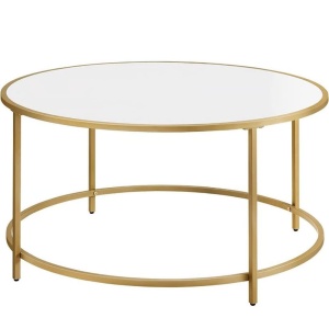 VASAGLE Masa de cafea rotunda, din sticla securizata cu cadru metalic, 84x84x45cm, auriu