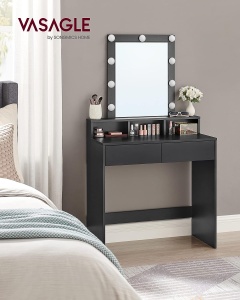 VASAGLE Masa de toaleta cu iluminare LED, cu oglinda, luminozitate reglabila, cu 2 sertare, 80x40x145cm, negru - Img 2