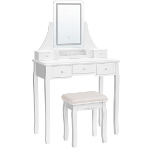 VASAGLE Masa de toaleta cu taburet, oglinda rotativa 360°, iluminare LED reglabila, 80x40x138 cm, alb - Img 4