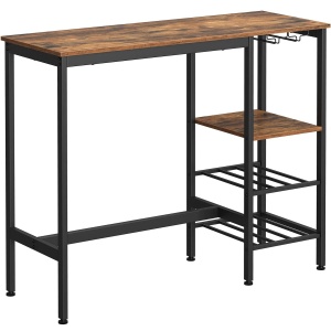 VASAGLE Masa inalta de bar, cu suport pentru sticle si pahare de vin, 110x40x90cm, maro rustic si negru - Img 1