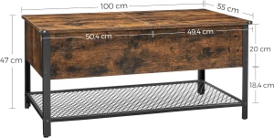VASAGLE Masuta de cafea cu capac rabatabil, compartiment depozitare ascuns si raft plasa, industrial, 100x55x47cm, maro rustic si negru - Img 3