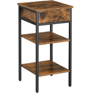 VASAGLE Noptiera inalta cu sertar si 2 rafturi de depozitare, stil industrial, 35x35x70cm, maro rustic si negru - Img 1