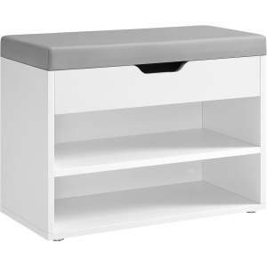 VASAGLE Pantofar cu bancheta tapitata, 3 compartimente, PAL si sezut din PU, 60x30x44 cm, alb - Img 1