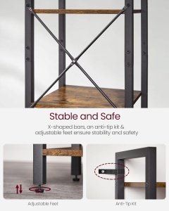 VASAGLE Raft cu 6 etaje, tip biblioteca, cadru metal si polite lemn, 30x40x187cm, industrial, maro rustic si negru - Img 4