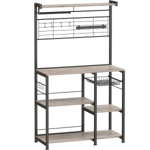 VASAGLE Raft de bucatarie cu spatiu pentru cuptorul cu microunde, banda magnetica cutite, suport role de bucatarie, 42x90x167cm, gri - Img 1