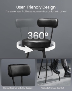 VASAGLE set 2 scaune de bar rotative 360°, cu spatar, inaltime 101 cm, piele sintetica, cadru otel, stil modern, negru - Img 3