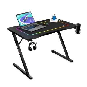 Birou pentru gaming Huzaro Hero 1.8, Suport pentru casti si pahare, Doua intrari speciale de cablu, Design dinamic, 100 x 60 cm, Negru