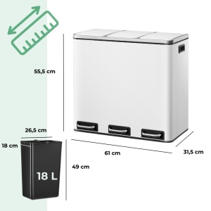 Cos de gunoi pentru reciclare SONGMICS, 3 compartimente, 3×18 L, 61×31×56 cm, alb - Img 5