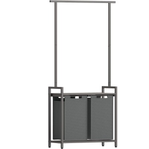 (DL) VASAGLE Cos de rufe, 2 compartimente, saci de rufe detasabili, 1 raft, tija umerase, 2x46L, 73x33x175cm, gri - Img 1