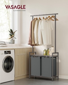 (DL) VASAGLE Cos de rufe, 2 compartimente, saci de rufe detasabili, 1 raft, tija umerase, 2x46L, 73x33x175cm, gri - Img 2