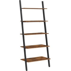 (DL) VASAGLE Raft tip scara, 5 niveluri, din otel, sprijinit de perete, 64x34x186cm, industrial, maro rustic si negru - Img 1