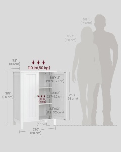 Dulap baie Vasagle, 2 usi + 2 rafturi reglabile, 30 × 60 × 80 cm, alb - Img 3