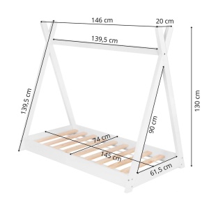 Pat din lemn pentru copii, model TeePee, somiera inclusa, 61x146x130 cm, alb - Img 2