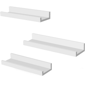 SONGMICS Set 3 rafturi de perete plutitoare din MDF, suport pentru rame foto, 38x10cm, alb - Img 1