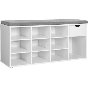 VASAGLE Banca de depozitare cu suport pentru pantofi, 10 compartimente si dulap, cu perna, 30x104x48cm, alb - Img 1